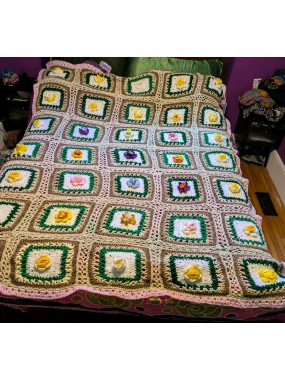 Vtg Granny Square Crochet Afghan Blanket 3D Puffy Flower Large 62x95 Cottagecore